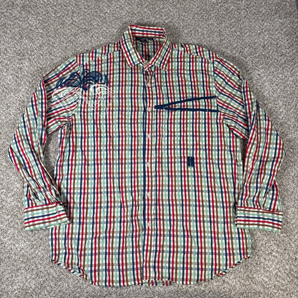 Marithe Francois Girbaud‎ Shirt Mens XXXL Multi Color Plaid Embroidered Y2K